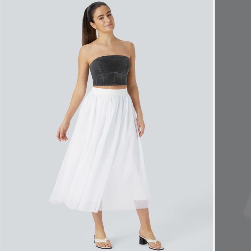 High Waisted Mesh Overlay Flowy
Flare Midi Casual Skirt